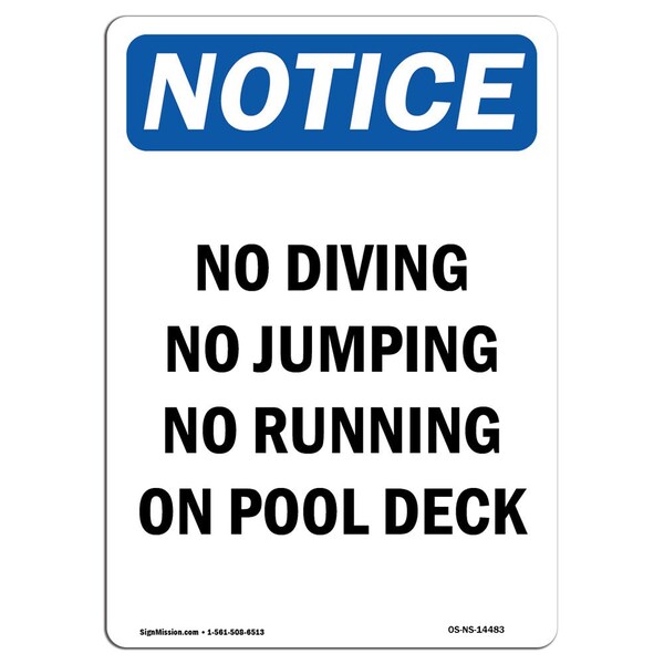 Safety Sign, OSHA Notice, 5" Height, No Diving No Jumping No Running Sign, Portrait, 10PK